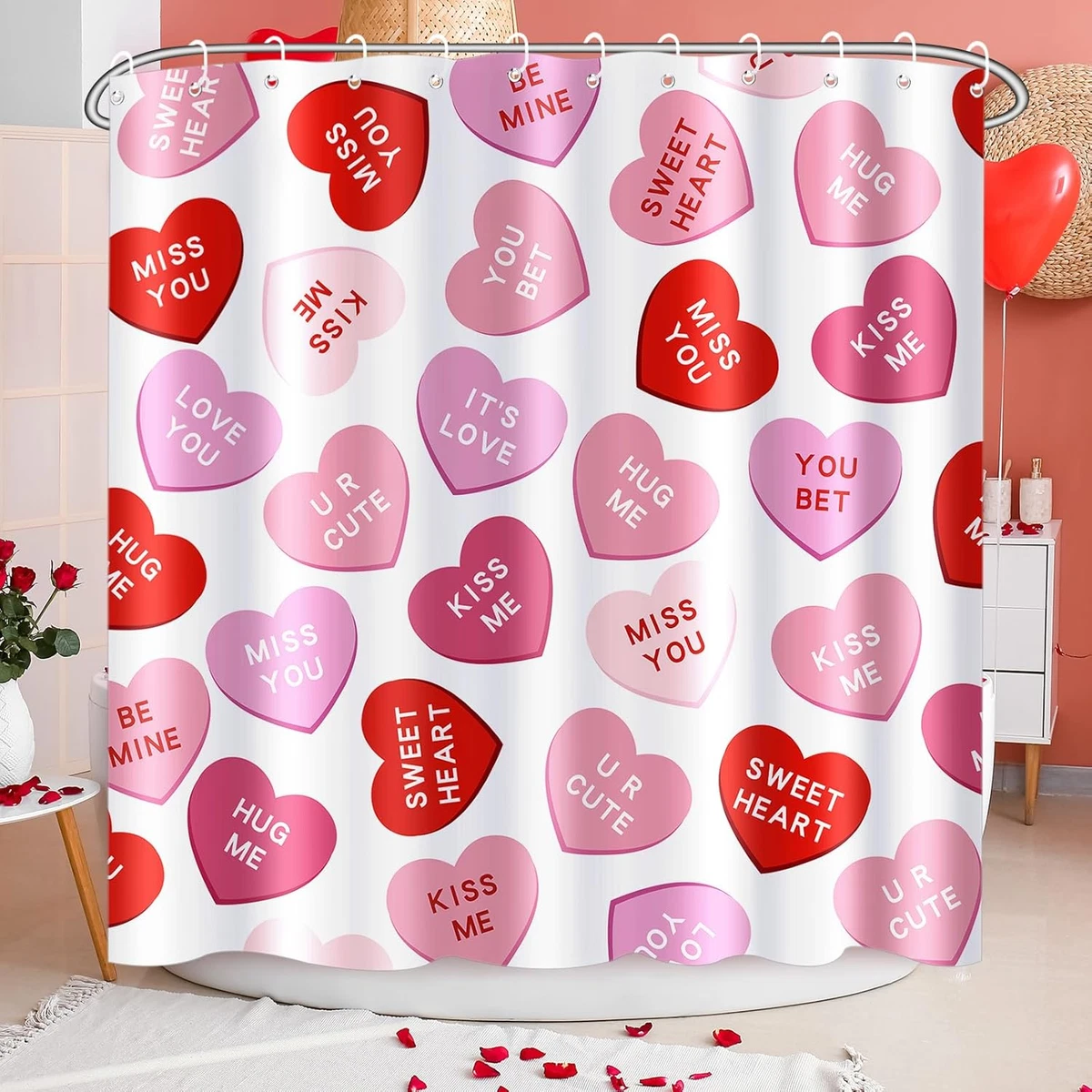 4 Pcs Valentines Shower Curtain Set, Non Slip Rugs Toilet Lid Cover U Shape Bath