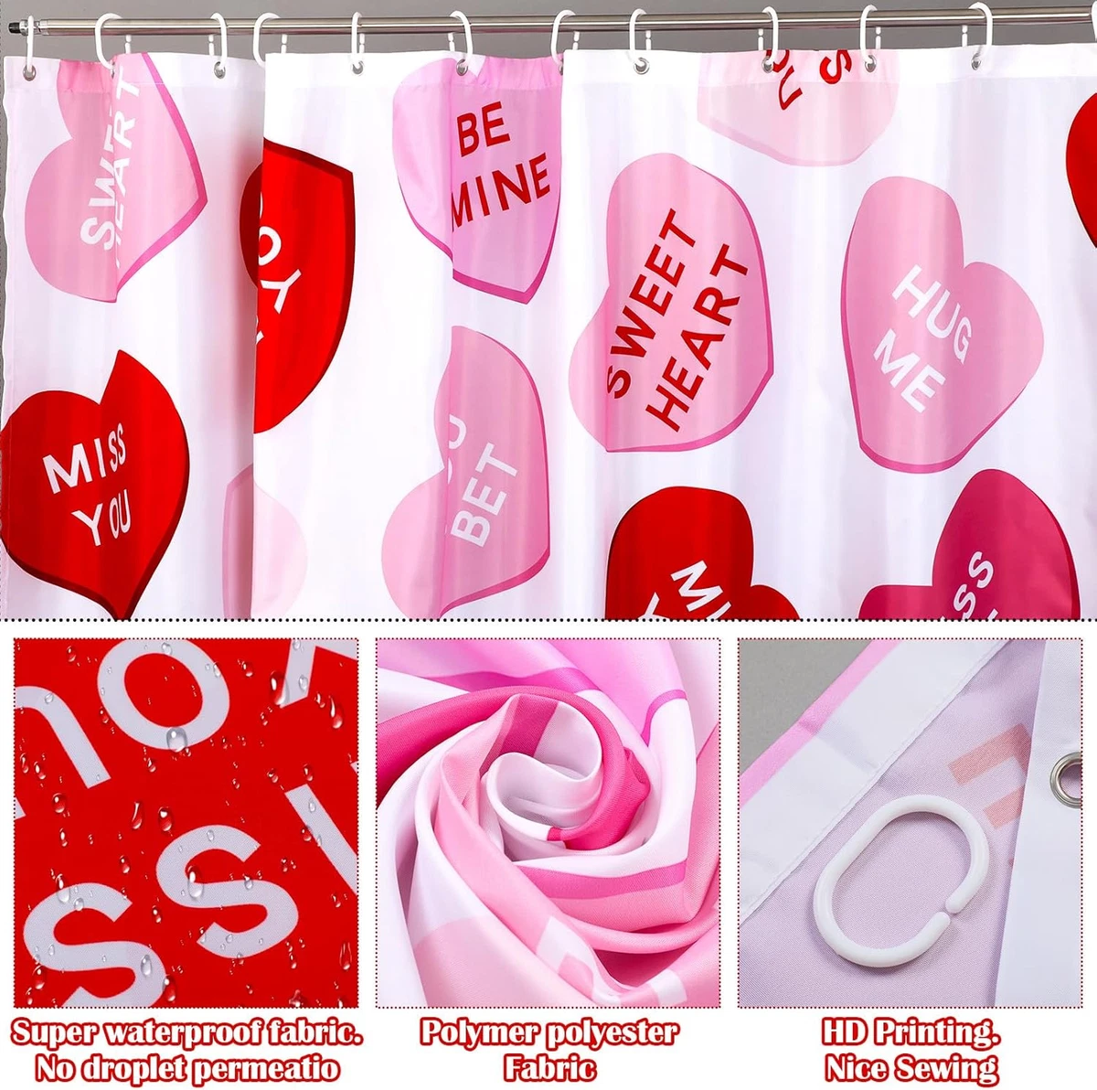 4 Pcs Valentines Shower Curtain Set, Non Slip Rugs Toilet Lid Cover U Shape Bath