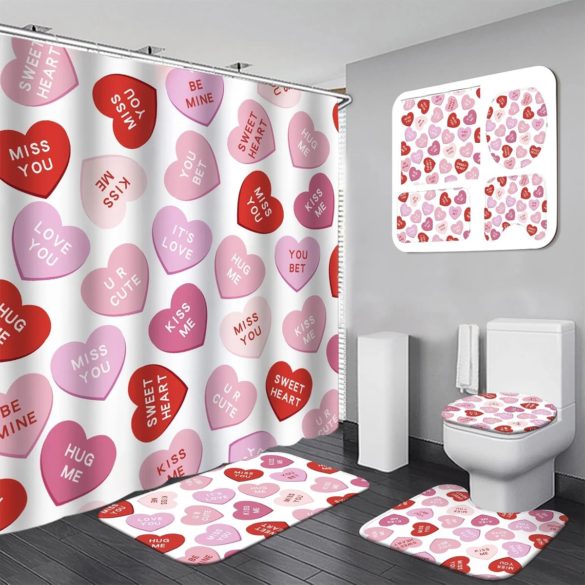 4 Pcs Valentines Shower Curtain Set, Non Slip Rugs Toilet Lid Cover U Shape Bath