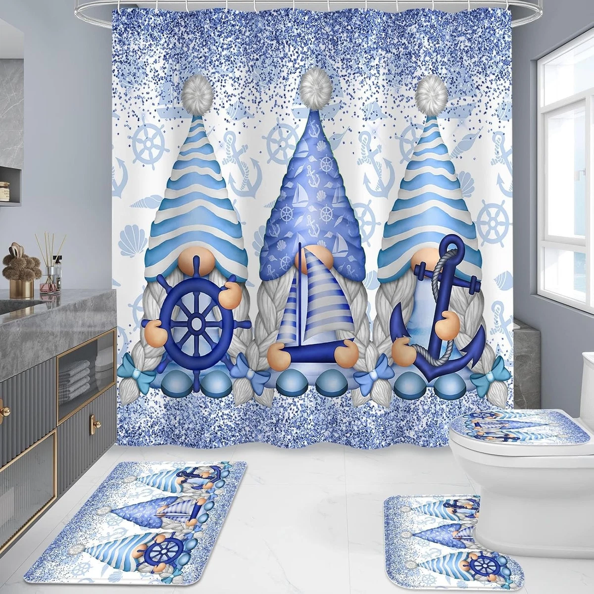 4 Pcs Winter Gnomes Shower Curtain Set with Non-Slip Rugs, Toilet Lid Cover a...