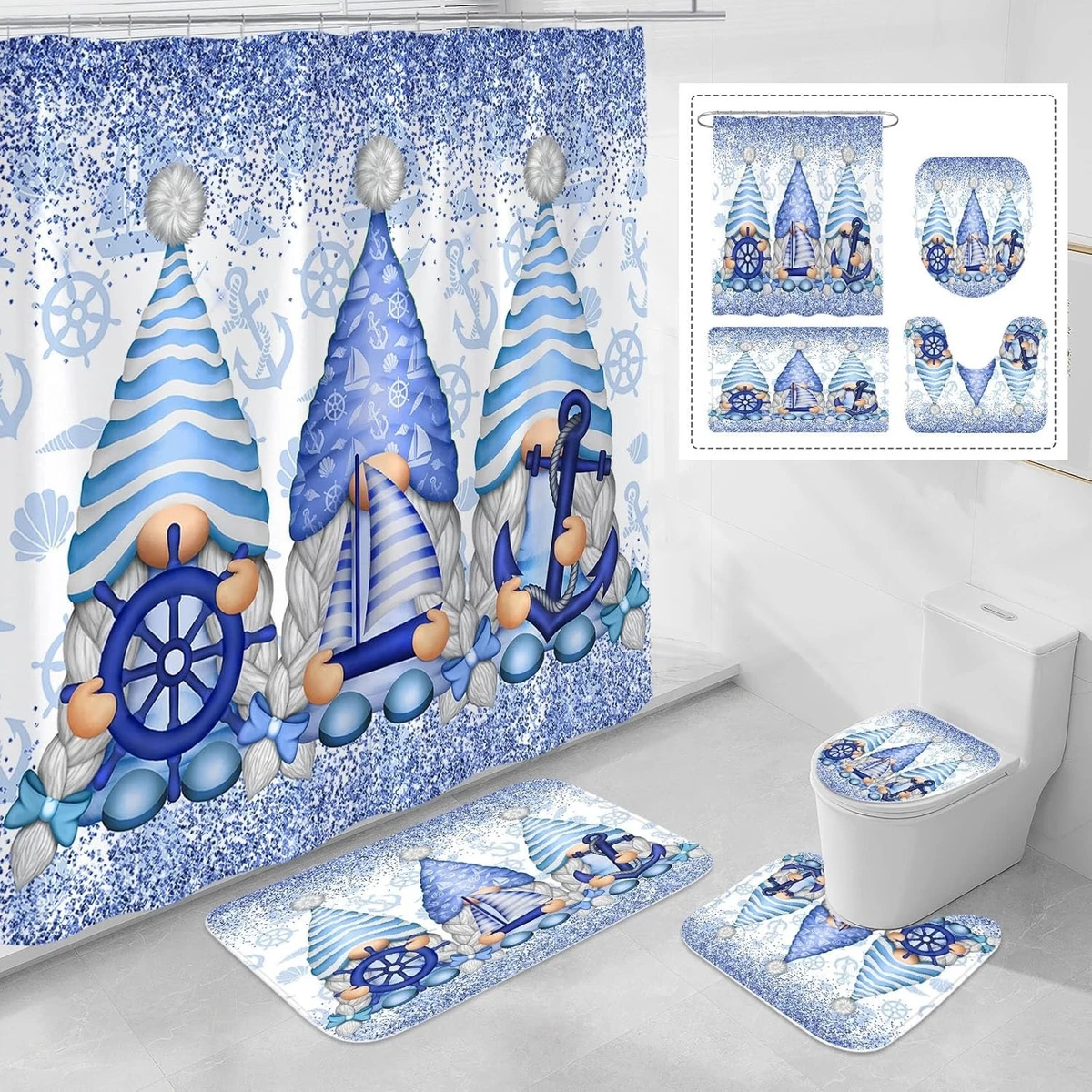 4 Pcs Winter Gnomes Shower Curtain Set with Non-Slip Rugs, Toilet Lid Cover a...