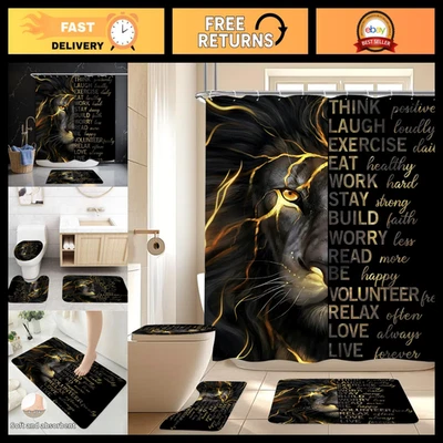 4-Piece Black Gold Lion Shower Curtain Set with Bath Rugs & Toilet Lid Cover