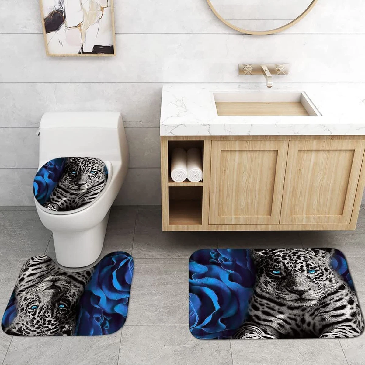 4 Piece Blue Rose Leopard Bathroom Set Shower Curtain Rugs Toilet Lid Cover