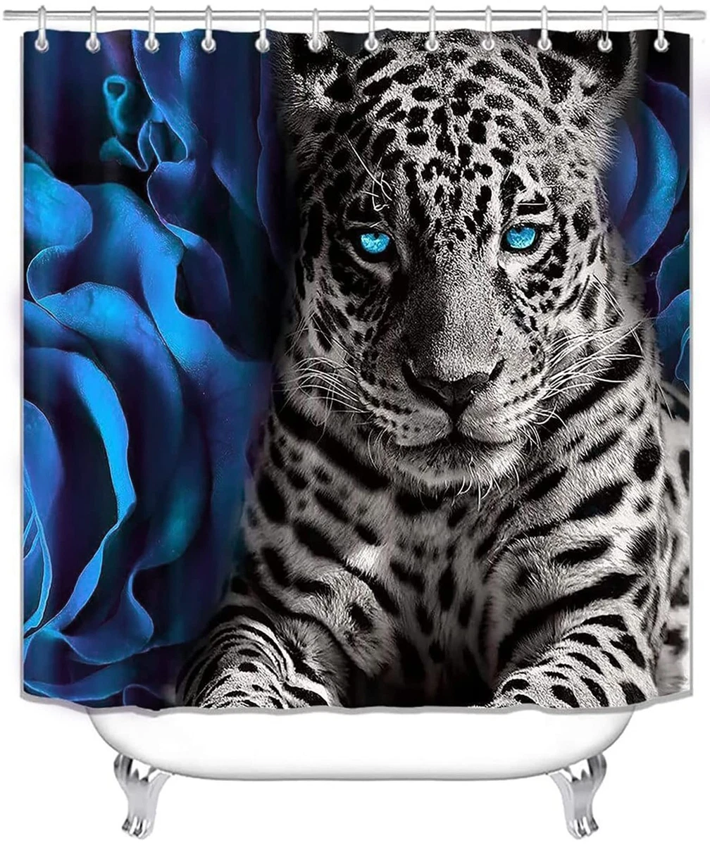 4 Piece Blue Rose Leopard Bathroom Set Shower Curtain Rugs Toilet Lid Cover