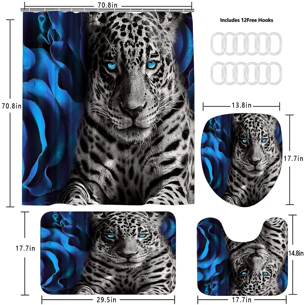 4 Piece Blue Rose Leopard Bathroom Set Shower Curtain Rugs Toilet Lid Cover