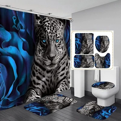 4 Piece Blue Rose Leopard Bathroom Set Shower Curtain Rugs Toilet Lid Cover
