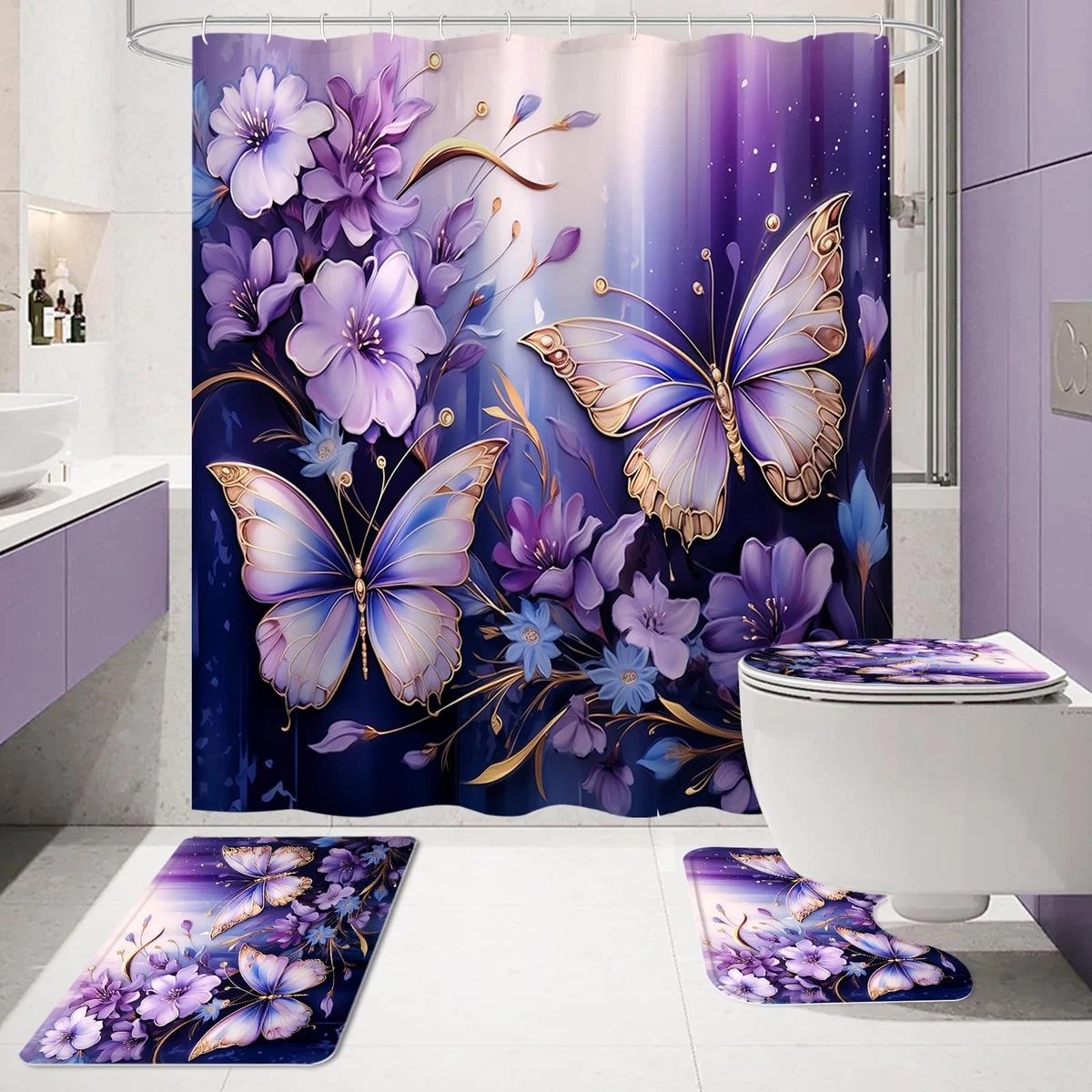 4-Piece Purple Floral Butterfly Shower Curtain Set Bath Rugs Toilet Lid Cover