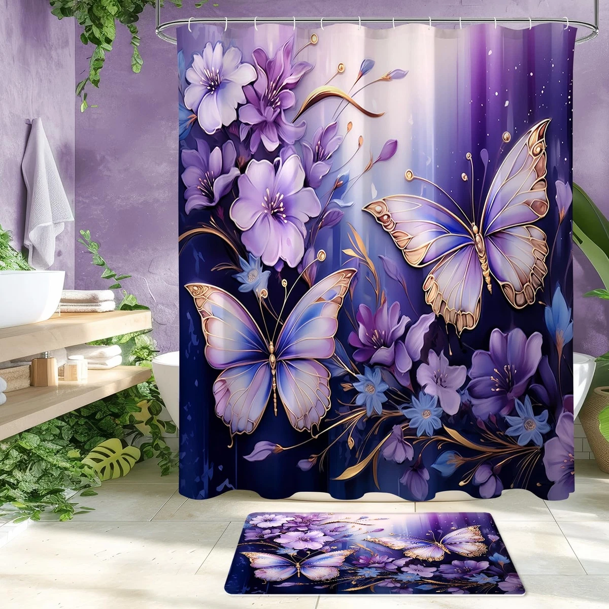 4-Piece Purple Floral Butterfly Shower Curtain Set Bath Rugs Toilet Lid Cover