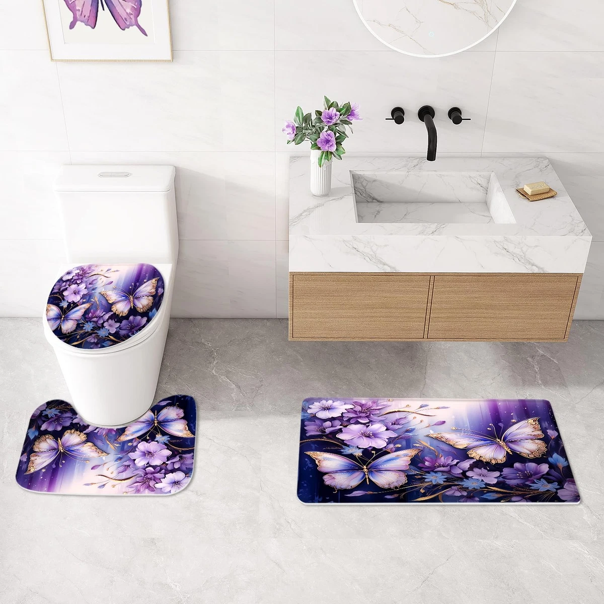 4-Piece Purple Floral Butterfly Shower Curtain Set Bath Rugs Toilet Lid Cover