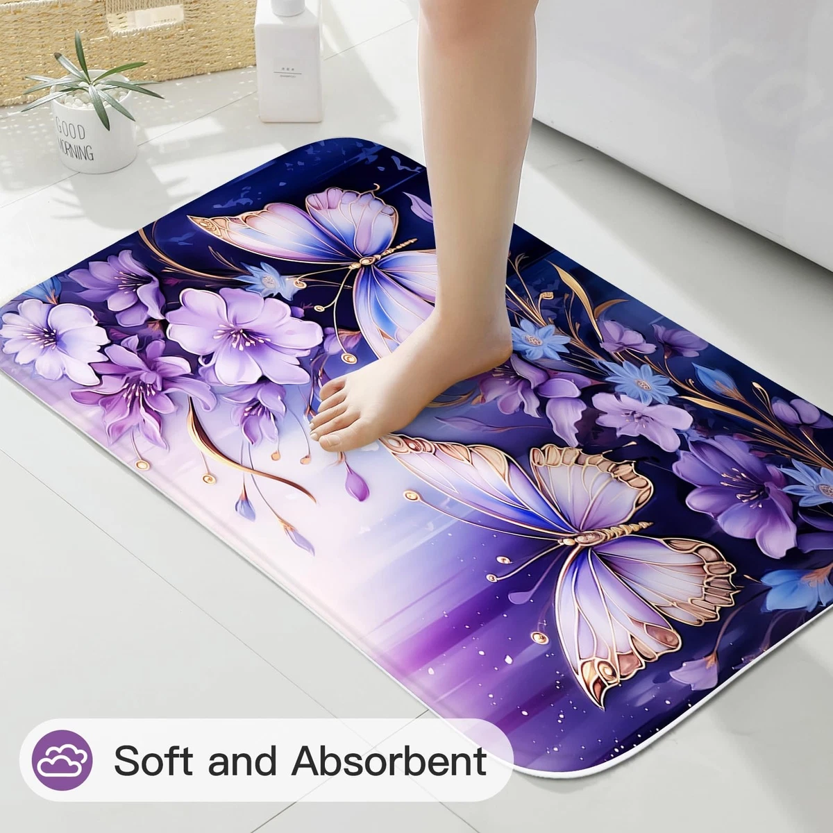 4-Piece Purple Floral Butterfly Shower Curtain Set Bath Rugs Toilet Lid Cover