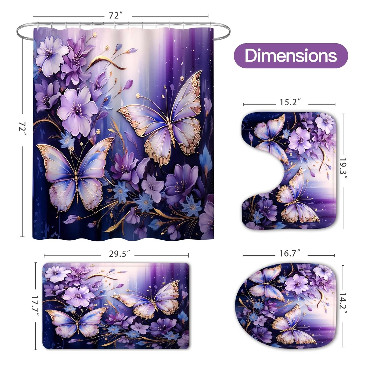 4-Piece Purple Floral Butterfly Shower Curtain Set Bath Rugs Toilet Lid Cover