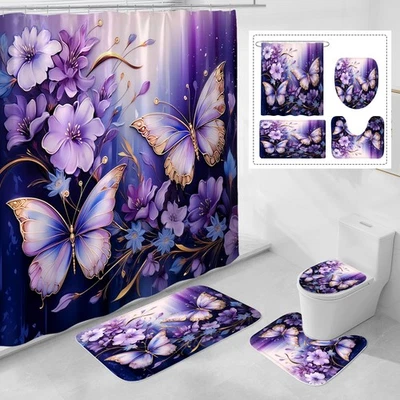 4-Piece Purple Floral Butterfly Shower Curtain Set Bath Rugs Toilet Lid Cover