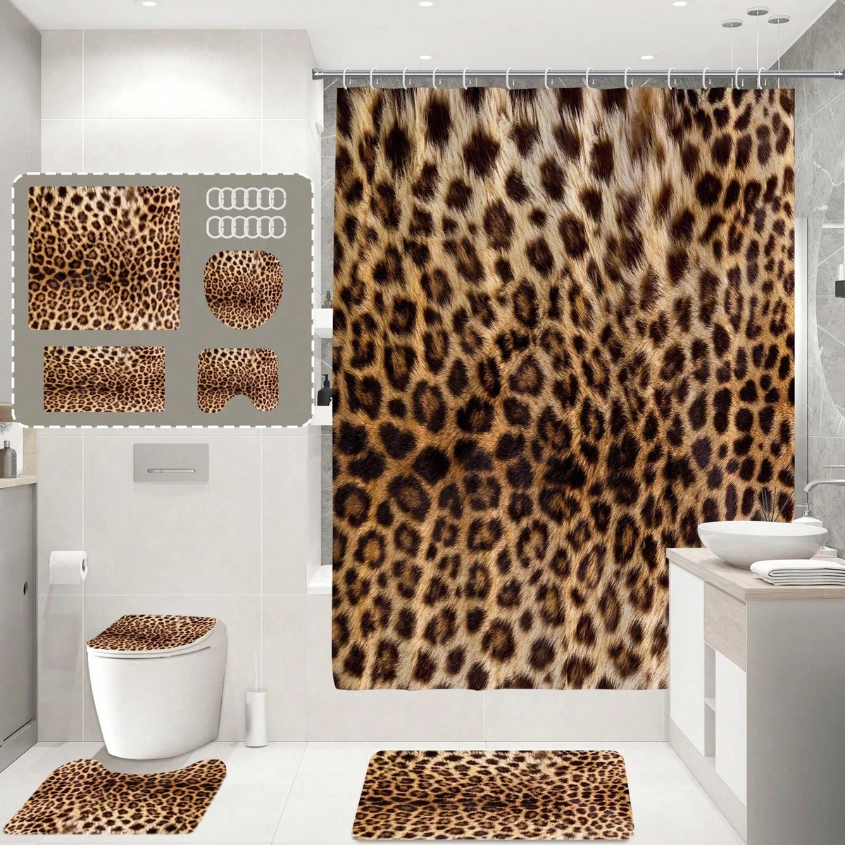 4PC Leopard Shower Curtain Set Bathroom Decor Fabric Bath Mat Toilet Cover