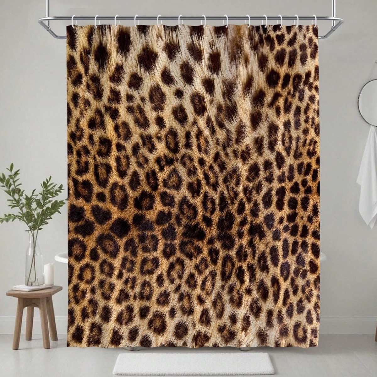 4PC Leopard Shower Curtain Set Bathroom Decor Fabric Bath Mat Toilet Cover