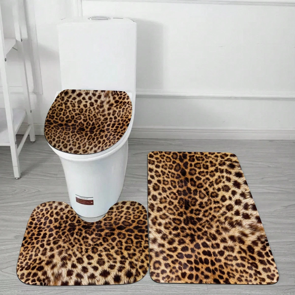 4PC Leopard Shower Curtain Set Bathroom Decor Fabric Bath Mat Toilet Cover