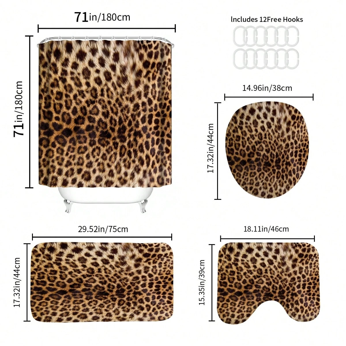 4PC Leopard Shower Curtain Set Bathroom Decor Fabric Bath Mat Toilet Cover