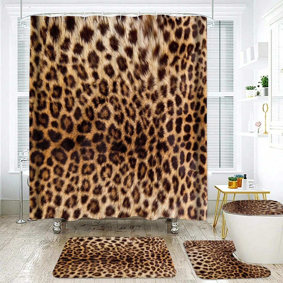 4PC Leopard Shower Curtain Set Bathroom Decor Fabric Bath Mat Toilet Cover