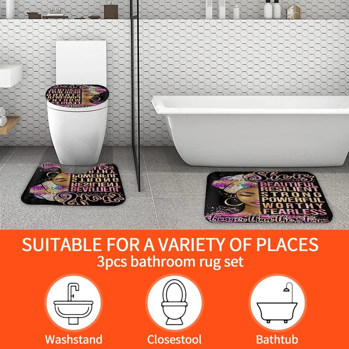 4Pcs African Woman Shower Curtain Sets with Rugs Toilet Lid Cover and U Shape Ma