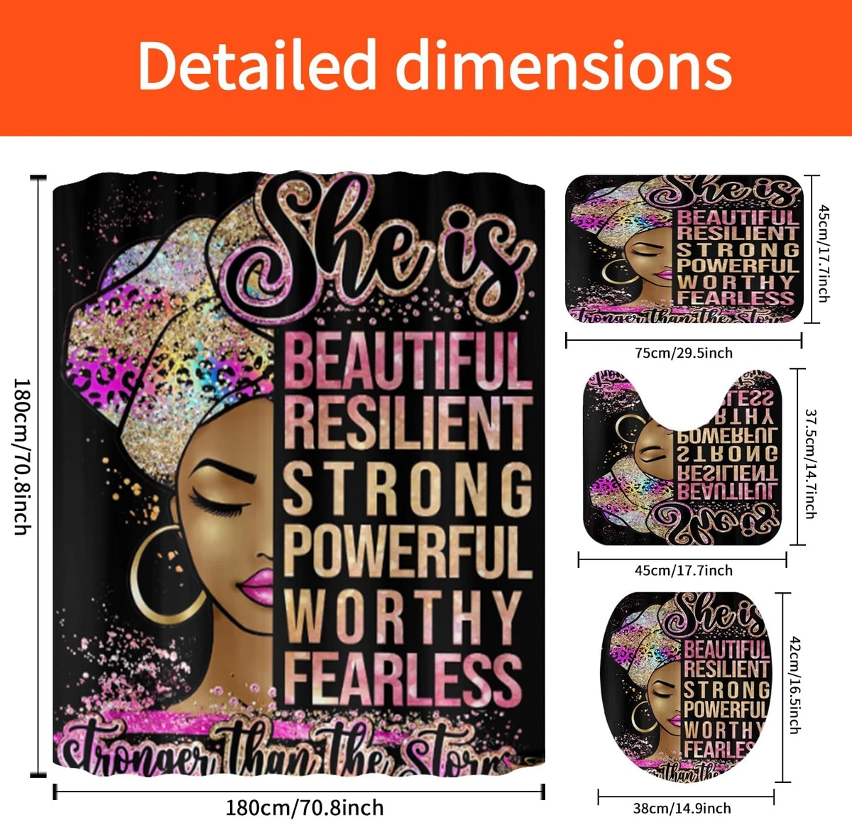 4Pcs African Woman Shower Curtain Sets with Rugs Toilet Lid Cover and U Shape Ma