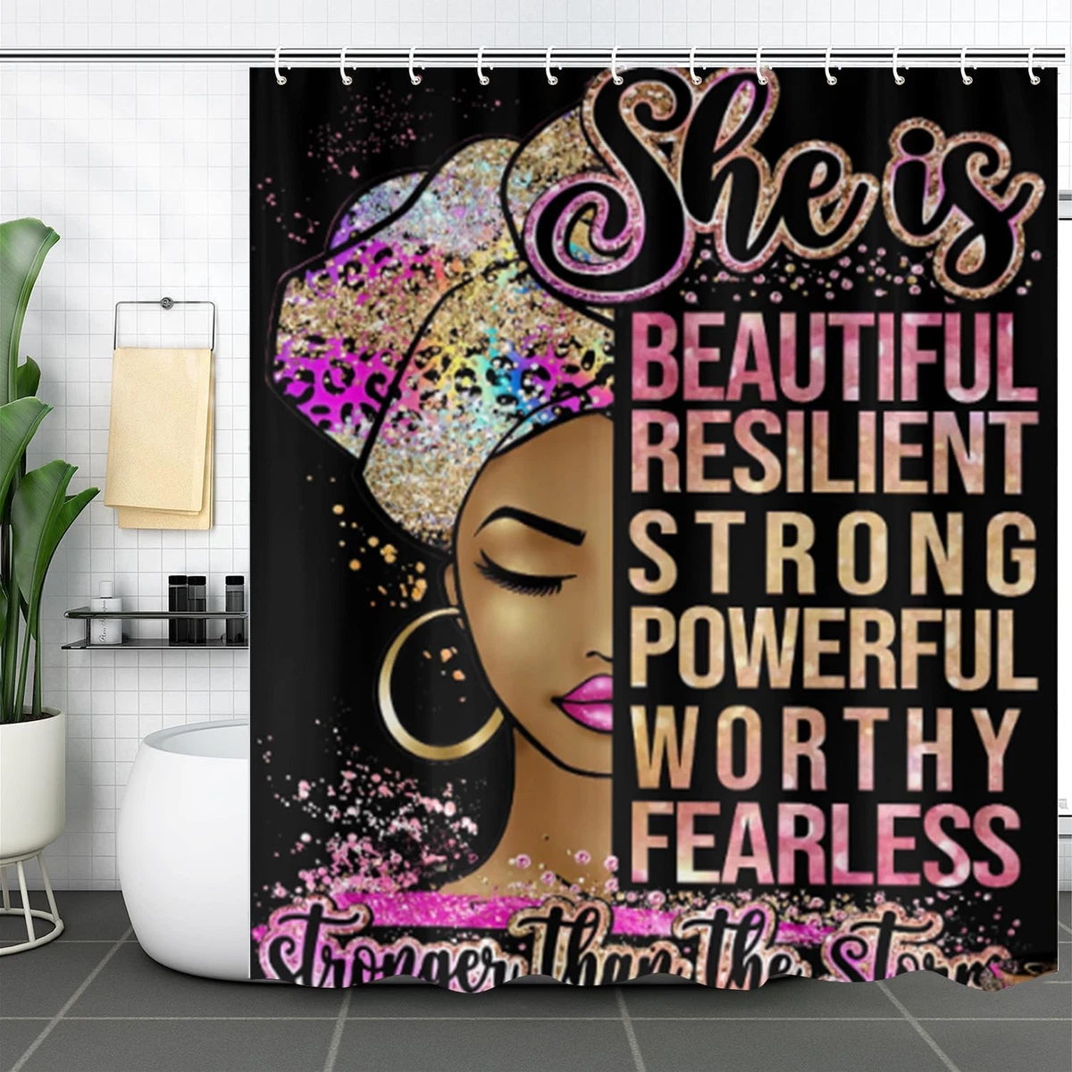 4Pcs African Woman Shower Curtain Sets with Rugs Toilet Lid Cover and U Shape Ma