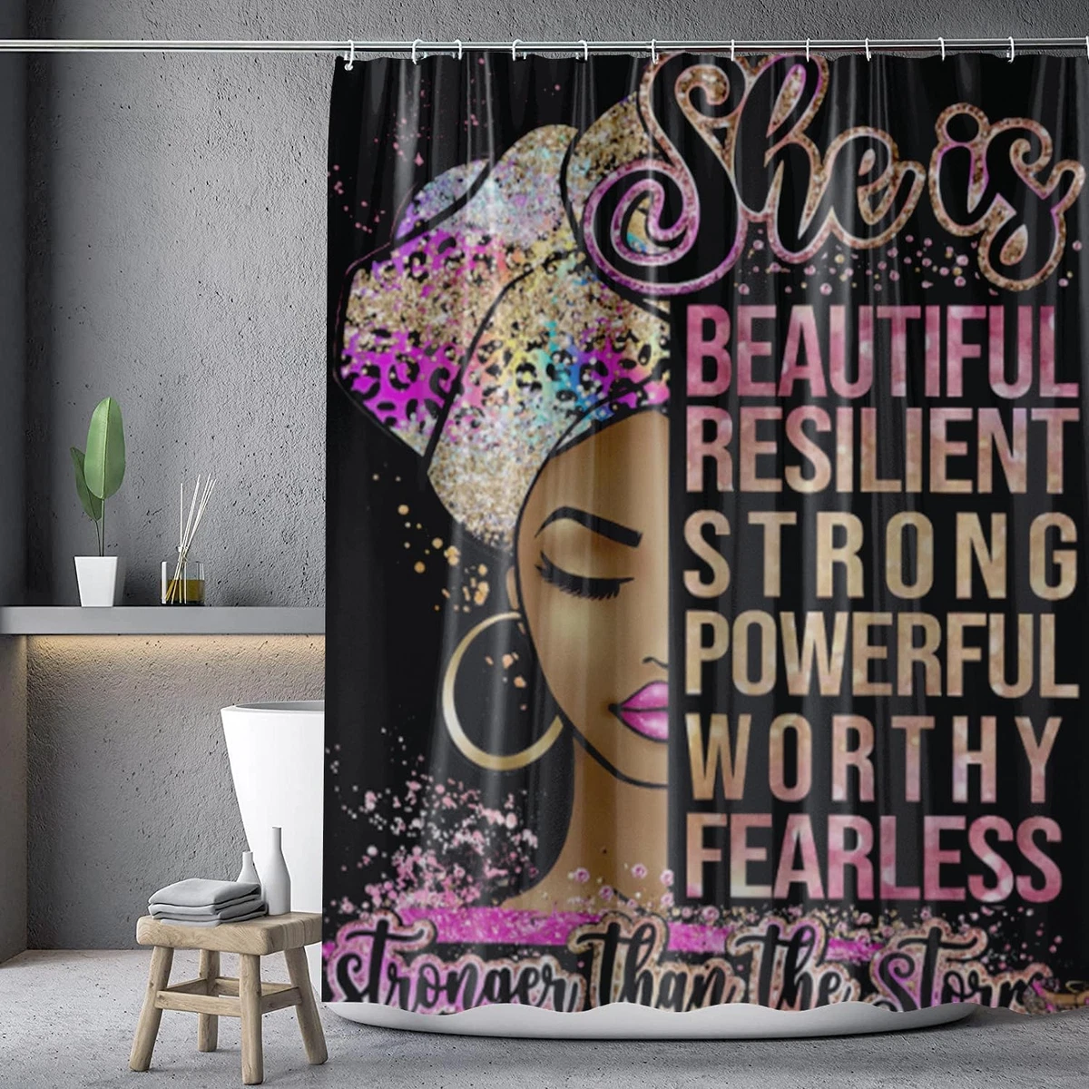 4Pcs African Woman Shower Curtain Sets with Rugs Toilet Lid Cover and U Shape Ma