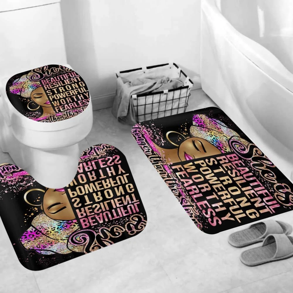 4Pcs African Woman Shower Curtain Sets with Rugs Toilet Lid Cover and U Shape Ma