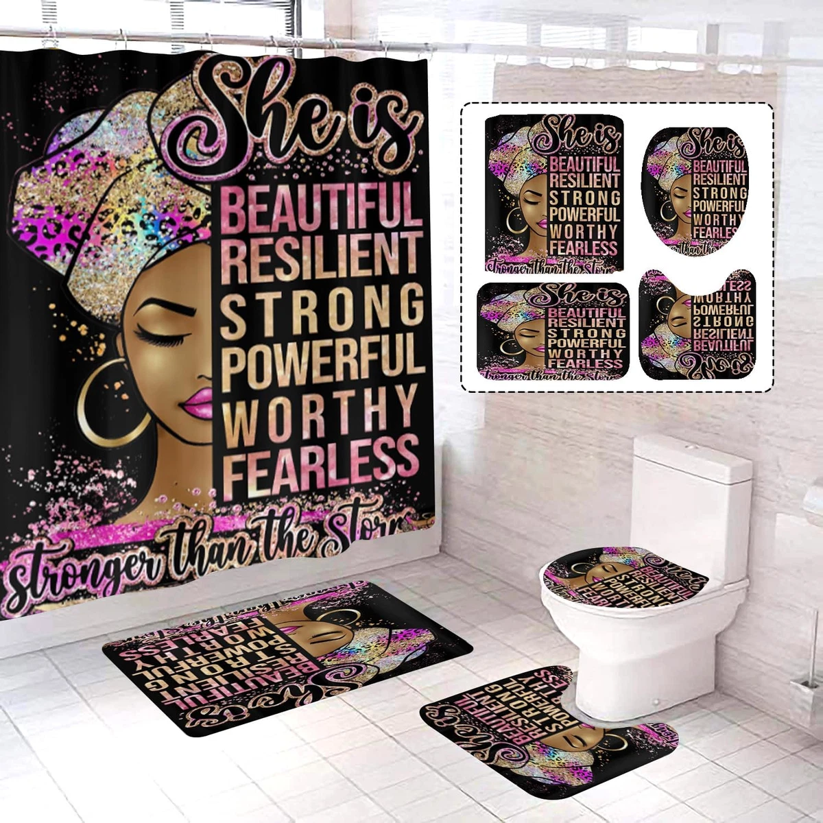 4Pcs African Woman Shower Curtain Sets with Rugs Toilet Lid Cover and U Shape Ma