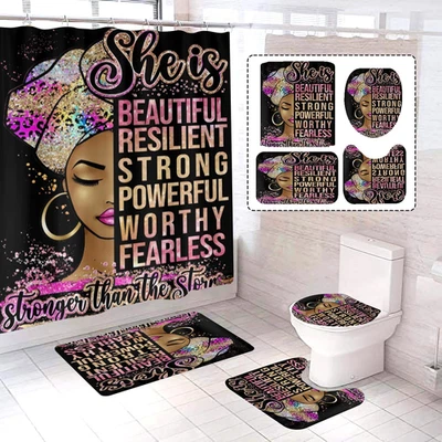 4Pcs African Woman Shower Curtain Sets with Rugs Toilet Lid Cover and U Shape Ma