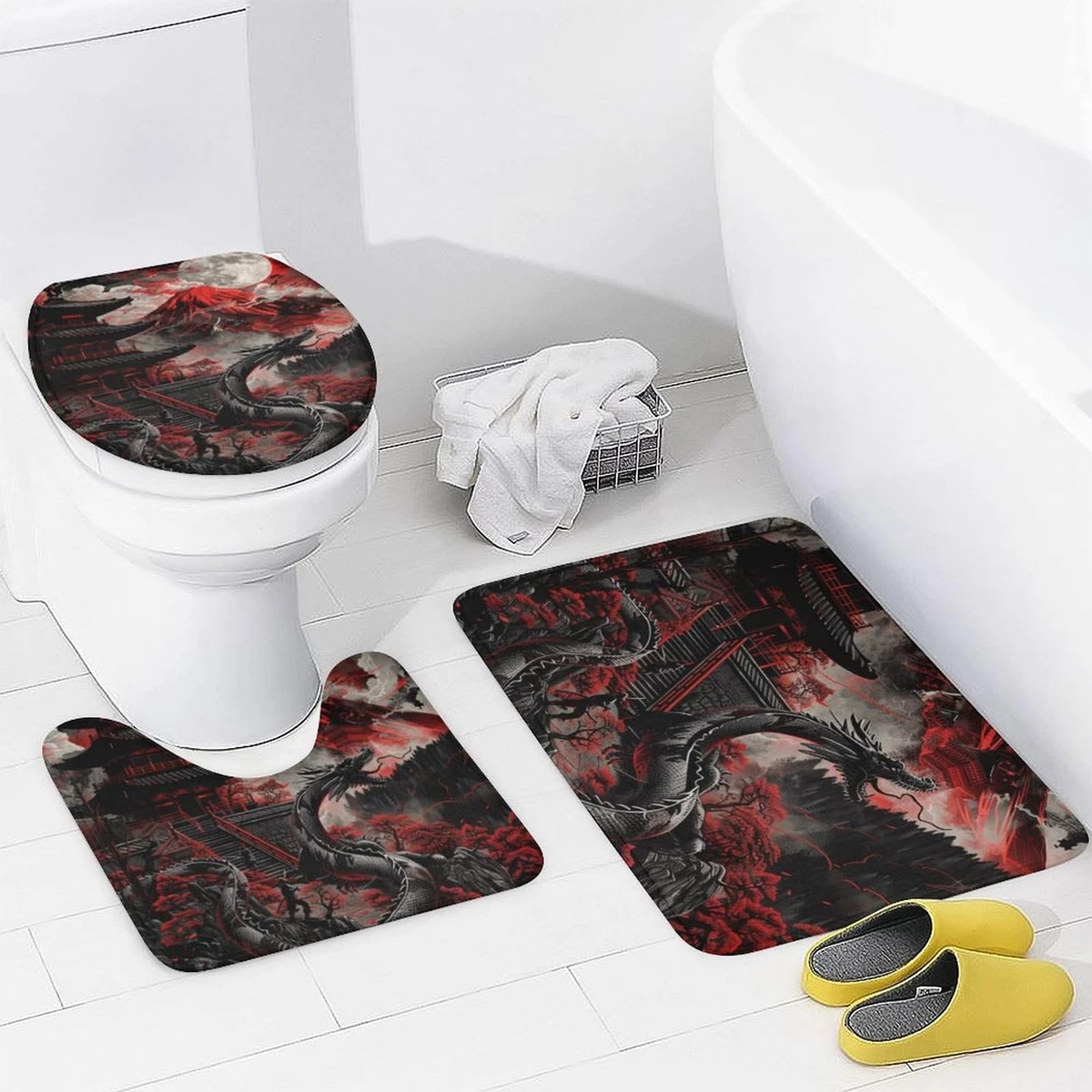 4Pcs Asian Dragon Shower Curtain Set with Rugs, Toilet Lid Cover and Bath Mat...