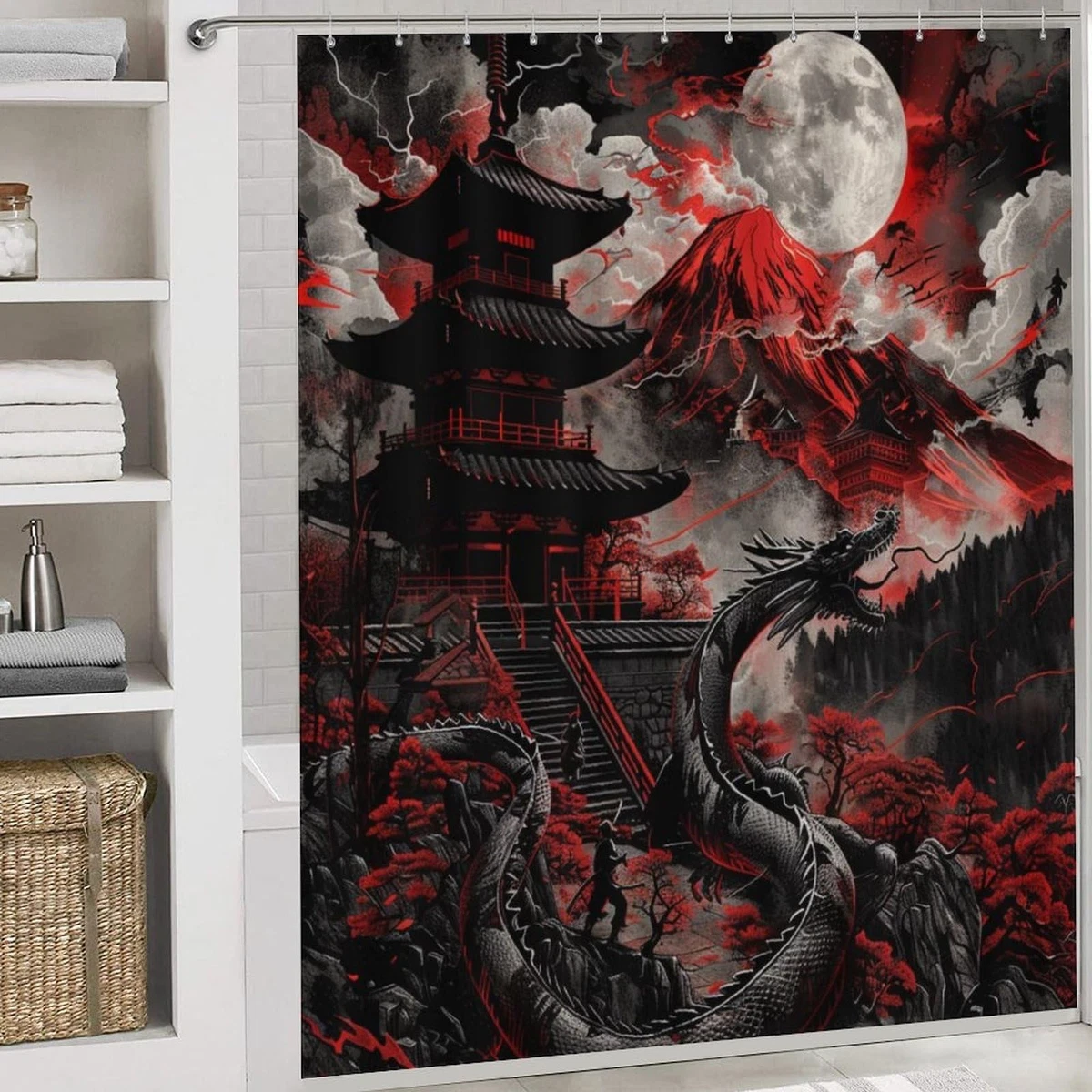 4Pcs Asian Dragon Shower Curtain Set with Rugs, Toilet Lid Cover and Bath Mat...
