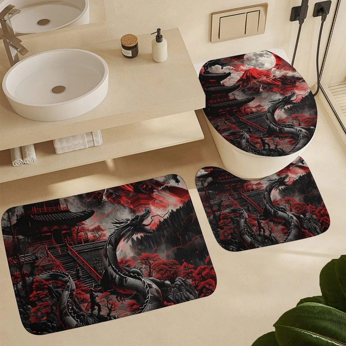 4Pcs Asian Dragon Shower Curtain Set with Rugs, Toilet Lid Cover and Bath Mat...