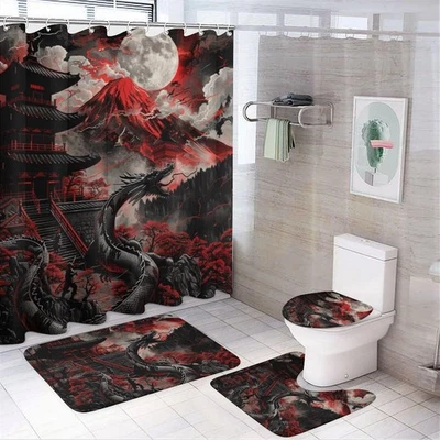 4Pcs Asian Dragon Shower Curtain Set with Rugs, Toilet Lid Cover and Bath Mat...