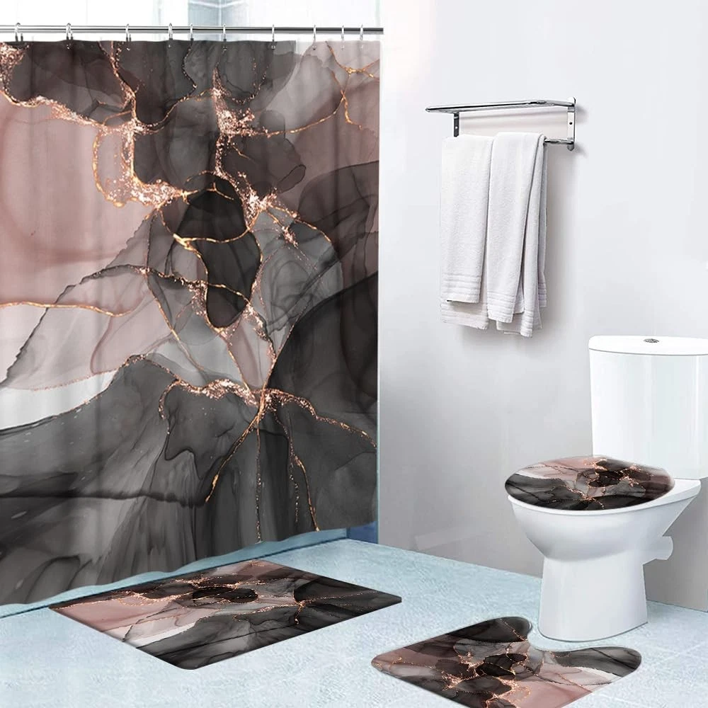 4Pcs Bathroom Shower Curtain Sets with Non-Slip Rugs, Lid Cover and Bath Mat,...