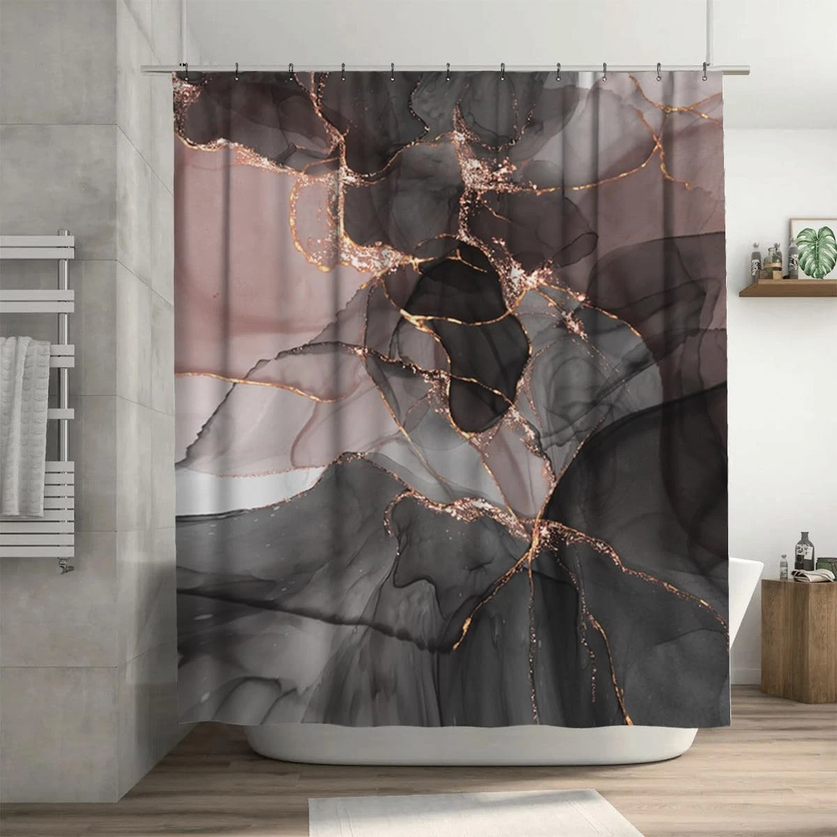 4Pcs Bathroom Shower Curtain Sets with Non-Slip Rugs, Lid Cover and Bath Mat,...