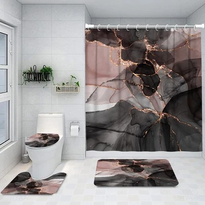 4Pcs Bathroom Shower Curtain Sets with Non-Slip Rugs, Lid Cover and Bath Mat,...