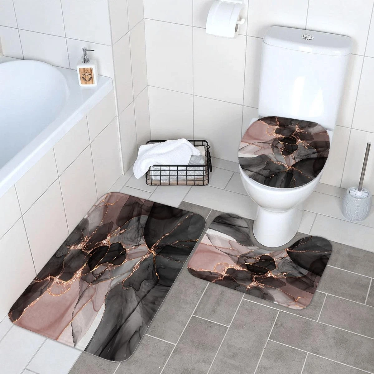 4Pcs Bathroom Shower Curtain Sets with Non-Slip Rugs, Toilet Lid Cover and Ba...