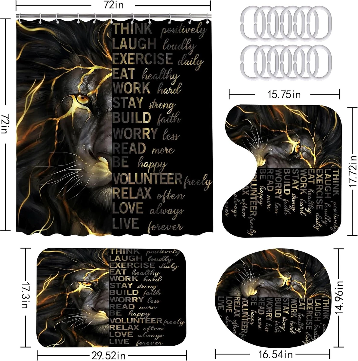 4PCS Black Gold Lion Shower Curtain Set with Rugs and Toilet Lid Cover