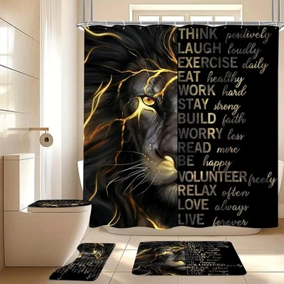 4PCS Black Gold Lion Shower Curtain Set with Rugs and Toilet Lid Cover