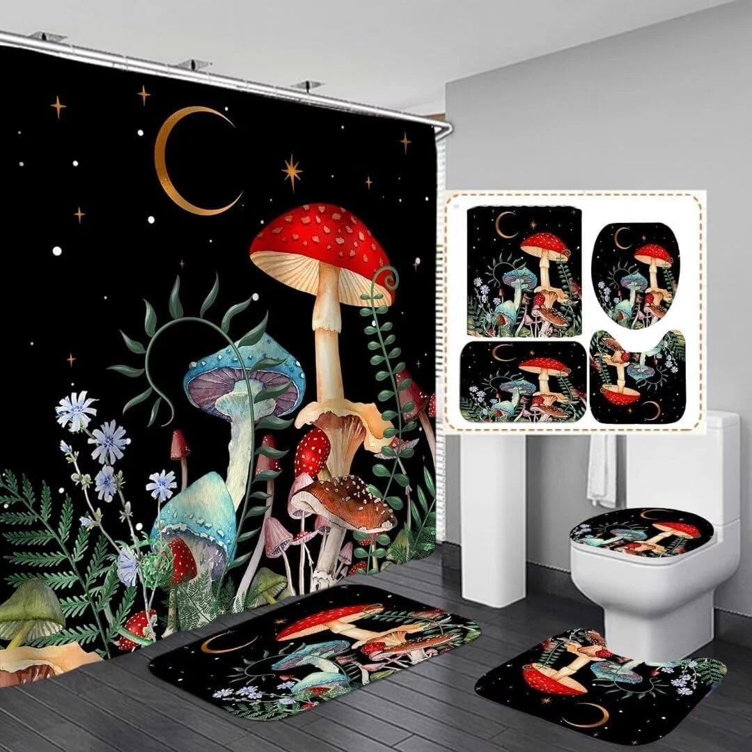 4PCS Black Night Mushroom Shower Curtain Bathroom Set with Rugs,Toilet Lid Cover