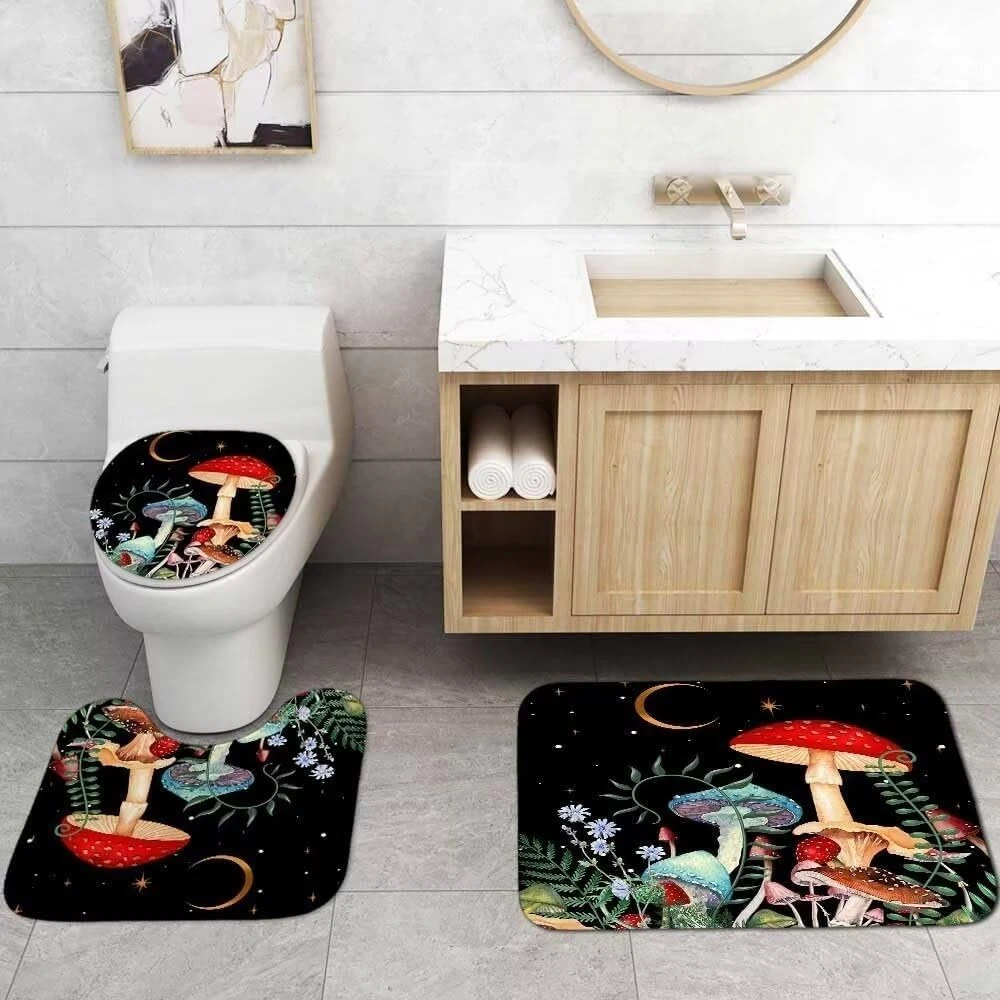 4PCS Black Night Mushroom Shower Curtain Bathroom Set with Rugs,Toilet Lid Cover