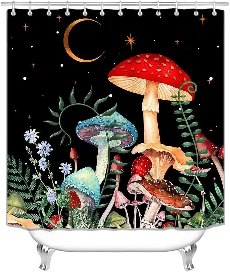 4PCS Black Night Mushroom Shower Curtain Bathroom Set with Rugs,Toilet Lid Cover