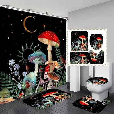 4PCS Black Night Mushroom Shower Curtain Bathroom Set with Rugs,Toilet Lid Cover
