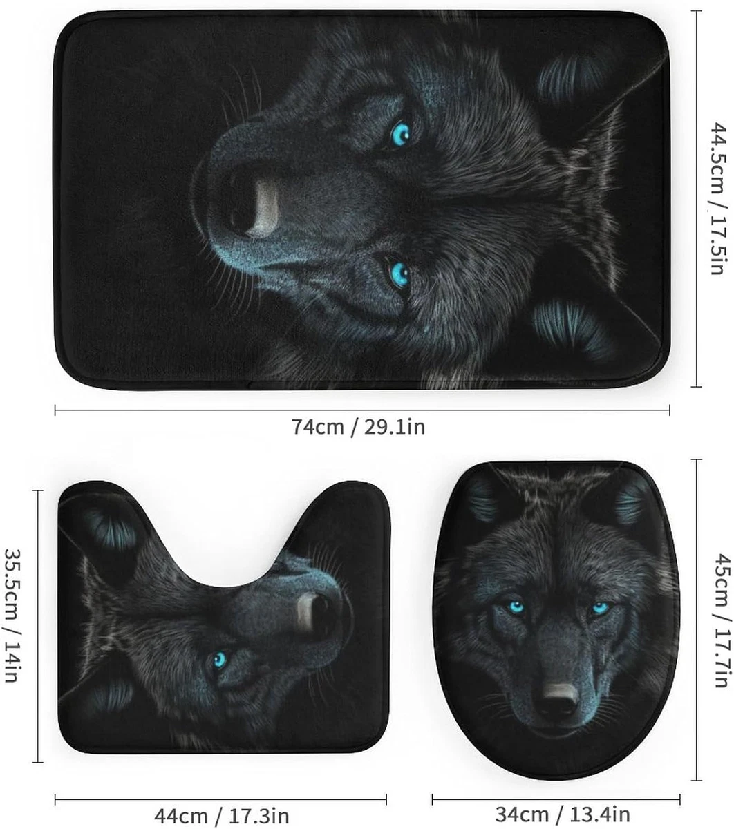 4Pcs Black Wolf Shower Curtain Set with Non-Slip Rugs, Toilet Lid Cover & Mat