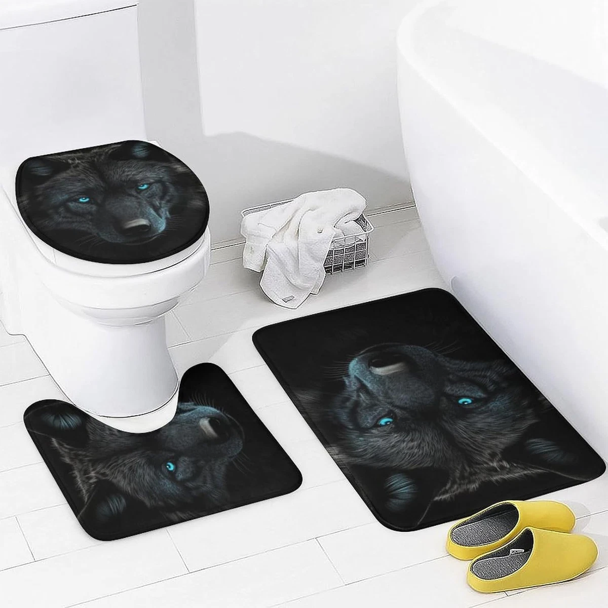 4Pcs Black Wolf Shower Curtain Set with Non-Slip Rugs, Toilet Lid Cover & Mat