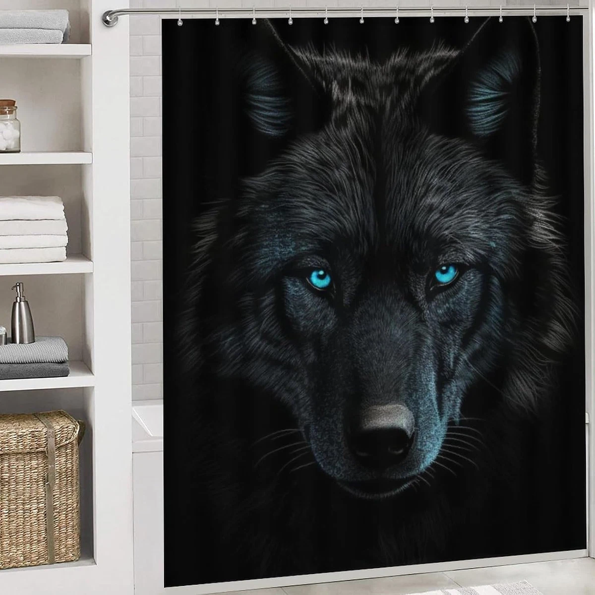 4Pcs Black Wolf Shower Curtain Set with Non-Slip Rugs, Toilet Lid Cover & Mat