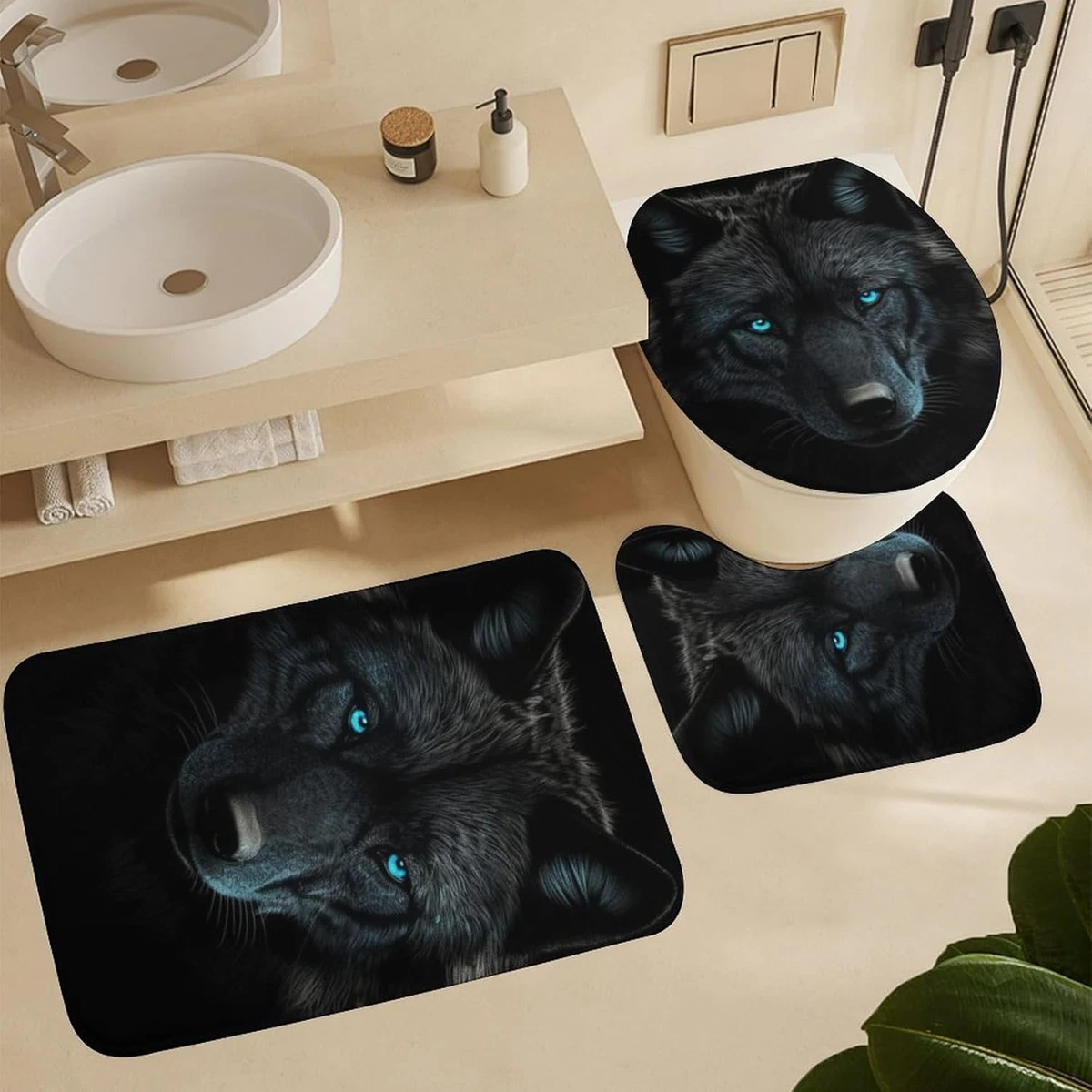 4Pcs Black Wolf Shower Curtain Set with Non-Slip Rugs, Toilet Lid Cover & Mat