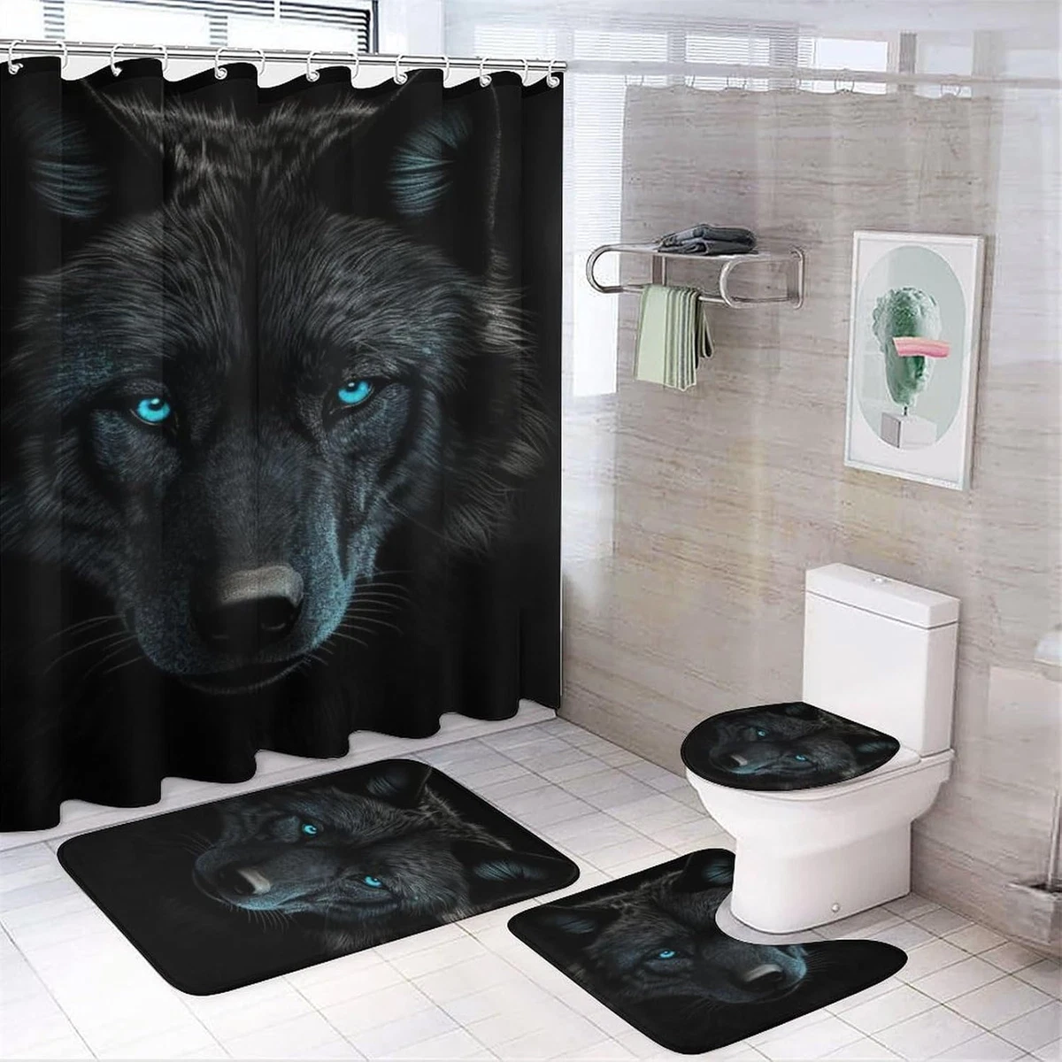 4Pcs Black Wolf Shower Curtain Set with Non-Slip Rugs, Toilet Lid Cover & Mat