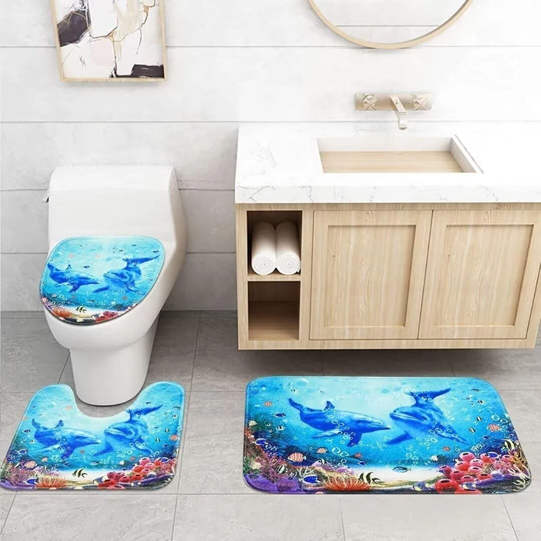 4Pcs Blue Ocean Dolphin Shower Curtain Sets with Rugs, Toilet Lid Cover and Bat