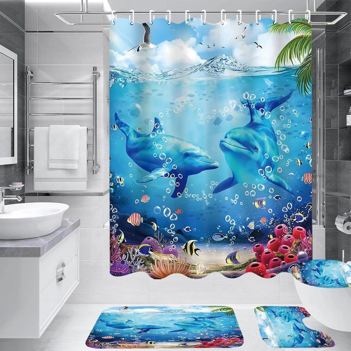 4Pcs Blue Ocean Dolphin Shower Curtain Sets with Rugs, Toilet Lid Cover and Bat