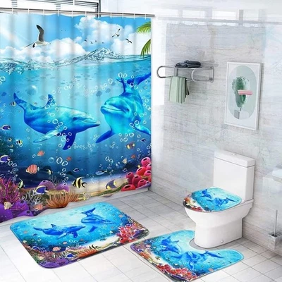 4Pcs Blue Ocean Dolphin Shower Curtain Sets with Rugs, Toilet Lid Cover and Bath